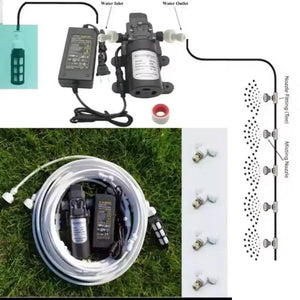 Disinfection Gate Misting System Accessory With Steel Nozzle - shown as a kit with a black pump, power adapter, white tubing, filter, and misting nozzles.