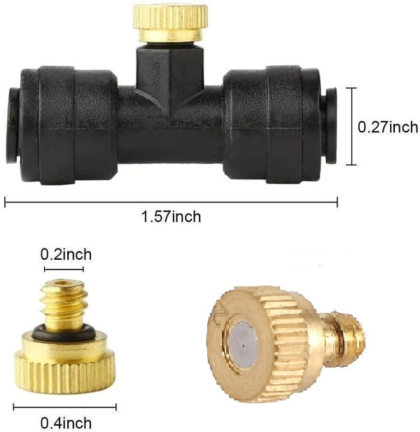 Disinfection Mist Making Nozzle And t Base Fogging Sanitization - shown in a dimension diagram with a black T-connector and two brass spray nozzles.