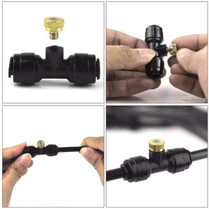 Disinfection Mist Making Nozzle And t Base Fogging Sanitization - shown in a four-panel assembly guide with black T-connectors and brass misting nozzles.