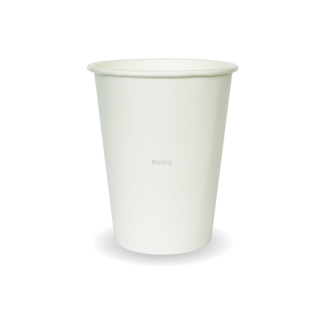 Disposable Cup - a plain white paper cup with a rolled rim and the brand name Netra printed in light grey on the side.