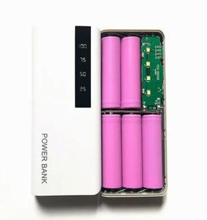 DIY 5x18650 Power Bank Case Dual USB Power Bank Box Shell Dual USB Charging Box With Digital Display Screen(without Battery) - a white shell with a digital percentage display and an open compartment containing five pink cylindrical batteries.