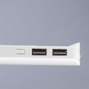DIY 5x18650 Power Bank Case Dual USB Power Bank Box Shell Dual USB Charging Box With Digital Display Screen(without Battery) - a close-up of the white plastic side panel featuring a power button and two USB output ports.