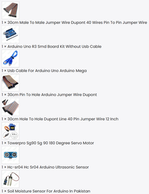 DIY Beaconhouse school kits - containing an Arduino Uno R3 board, a USB cable, jumper wires, a servo motor, an ultrasonic sensor, and a soil moisture sensor.