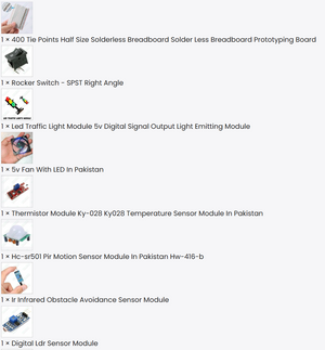 DIY Beaconhouse school kits - a collection of electronic components including a breadboard, rocker switch, sensors, a fan, and LED modules.