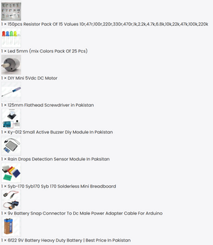 DIY Beaconhouse school kits - collection of electronic components including resistors, LEDs, a DC motor, a screwdriver, a buzzer, and a breadboard.
