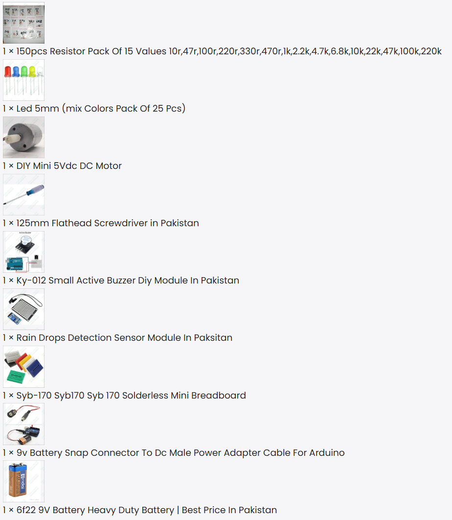 DIY Beaconhouse school kits - collection of electronic components including resistors, LEDs, a DC motor, a screwdriver, a buzzer, and a breadboard.