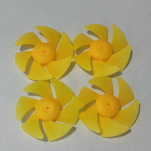 DIY Boat Model 6-blades Propeller 2mm Vortex Fan Paddle Toy Car Fan Spare Part 2*50mm - four identical yellow plastic six-bladed propellers arranged in a square on a white background.