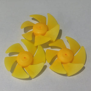 DIY Boat Model 6-blades Propeller 2mm Vortex Fan Paddle Toy Car Fan Spare Part 2*50mm - three identical yellow six-bladed plastic fan propellers arranged on a white surface.