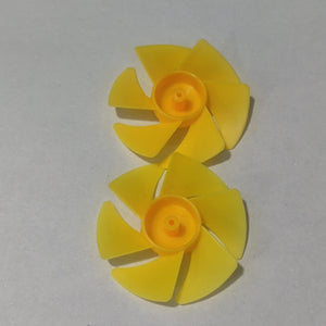 DIY Boat Model 6-blades Propeller 2mm Vortex Fan Paddle Toy Car Fan Spare Part 2*50mm - two identical yellow six-bladed plastic propellers with a central mounting hole.