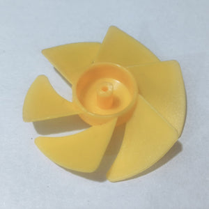 DIY Boat Model 6-blades Propeller 2mm Vortex Fan Paddle Toy Car Fan Spare Part 2*50mm - a close-up of a small yellow plastic six-bladed fan with a central 2mm shaft hole.