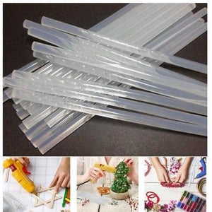 DIY Hot Melt 7mm Glue Stick - a pile of translucent cylindrical glue sticks and three inset photos of them being used with a glue gun.