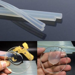 DIY Hot Melt 7mm Glue Stick - shown as long, translucent cylindrical rods, with close-up views of the glue being applied to a circular transparent surface.