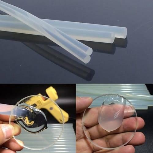 DIY Hot Melt 7mm Glue Stick - shown as long, translucent cylindrical rods, with close-up views of the glue being applied to a circular transparent surface.