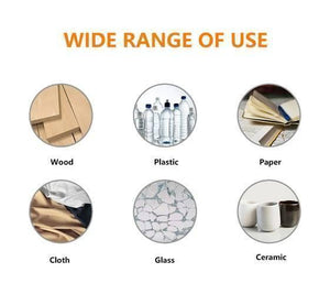 DIY Hot Melt 7mm Glue Stick - an infographic showing six circular icons depicting its wide range of use on wood, plastic, paper, cloth, glass, and ceramic.