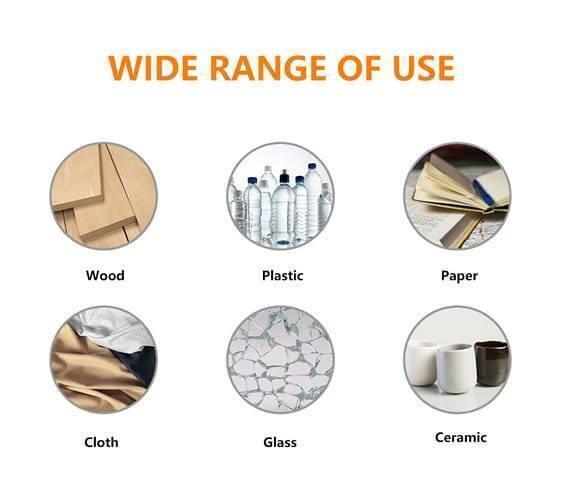 DIY Hot Melt 7mm Glue Stick - an infographic showing six circular icons depicting its wide range of use on wood, plastic, paper, cloth, glass, and ceramic.
