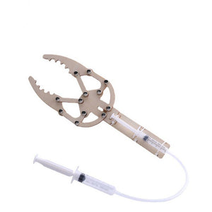 DIY Hydraulic Manipulator Wooden STEM Kit Unassembled - claw mechanism connected by a plastic tube to a handheld syringe.