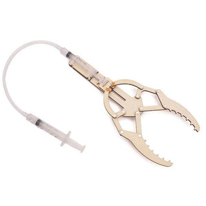 DIY Hydraulic Manipulator Wooden STEM Kit Unassembled - claw mechanism connected by a plastic tube to a single syringe.