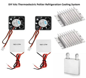 DIY Kits Thermoelectric Peltier Refrigeration Cooling System Water Cooling+ Fan+ 2pcs TEC1-12706 Coolers - two fans, two TEC1-12706 modules, two silver heatsinks, and a water cooling block.