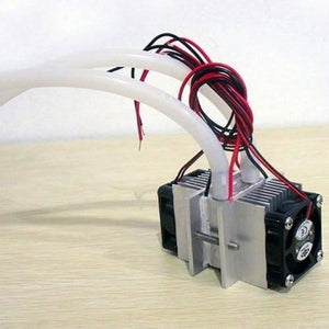 DIY Kits Thermoelectric Peltier Refrigeration Cooling System Water Cooling+ Fan+ 2pcs TEC1-12706 Coolers - a silver metal heatsink assembly with two black cooling fans and white tubing.