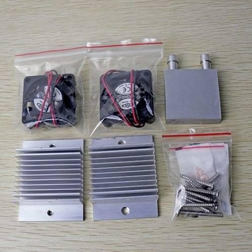 DIY Kits Thermoelectric Peltier Refrigeration Cooling System Water Cooling+ Fan+ 2pcs TEC1-12706 Coolers - two fans in bags, two aluminum heatsinks, a water block, and a bag of screws.