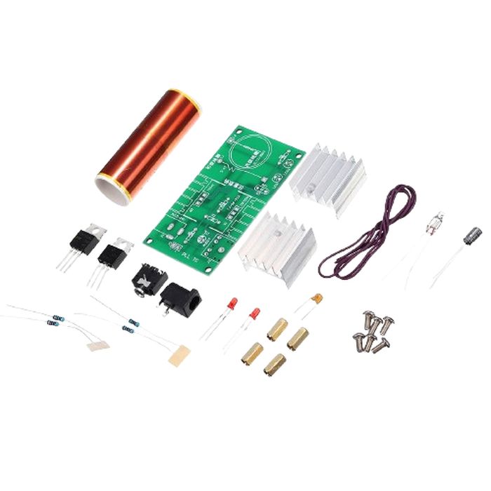 DIY Mini Tesla Coil Plasma Speaker Kit Unassembled - the components including a copper coil, green circuit board, two heatsinks, and various hardware.