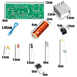 DIY Mini Tesla Coil Plasma Speaker Kit Unassembled - all components, including a green circuit board, copper coil, heatsink, and electronic parts.