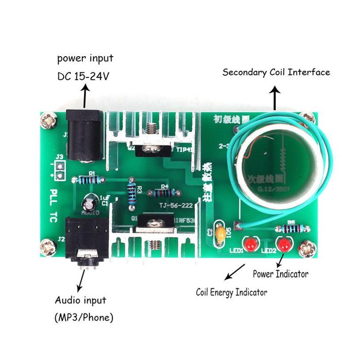 DIY Mini Tesla Coil Plasma Speaker Kit Unassembled - a green circuit board with a power jack, audio input port, two heatsinks, two LEDs, and a copper wire coil.
