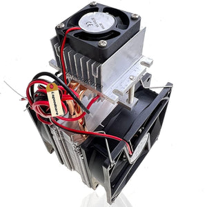 DIY Peltier Cooler Kit 12V TEC1-12715 Peltier Heatsink Module Semiconductor Thermoelectric Cooler Peltier Cooling System - a silver aluminum heatsink assembly with two black cooling fans, copper heat pipes, and red wiring.