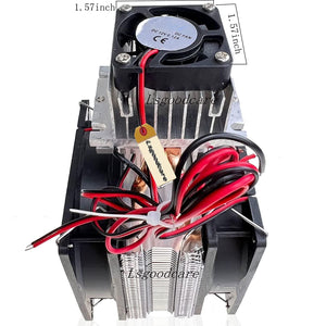 DIY Peltier Cooler Kit 12V TEC1-12715 Peltier Heatsink Module Semiconductor Thermoelectric Cooler Peltier Cooling System - a silver aluminum heatsink assembly with two black cooling fans, red and black wiring, and a small tag.