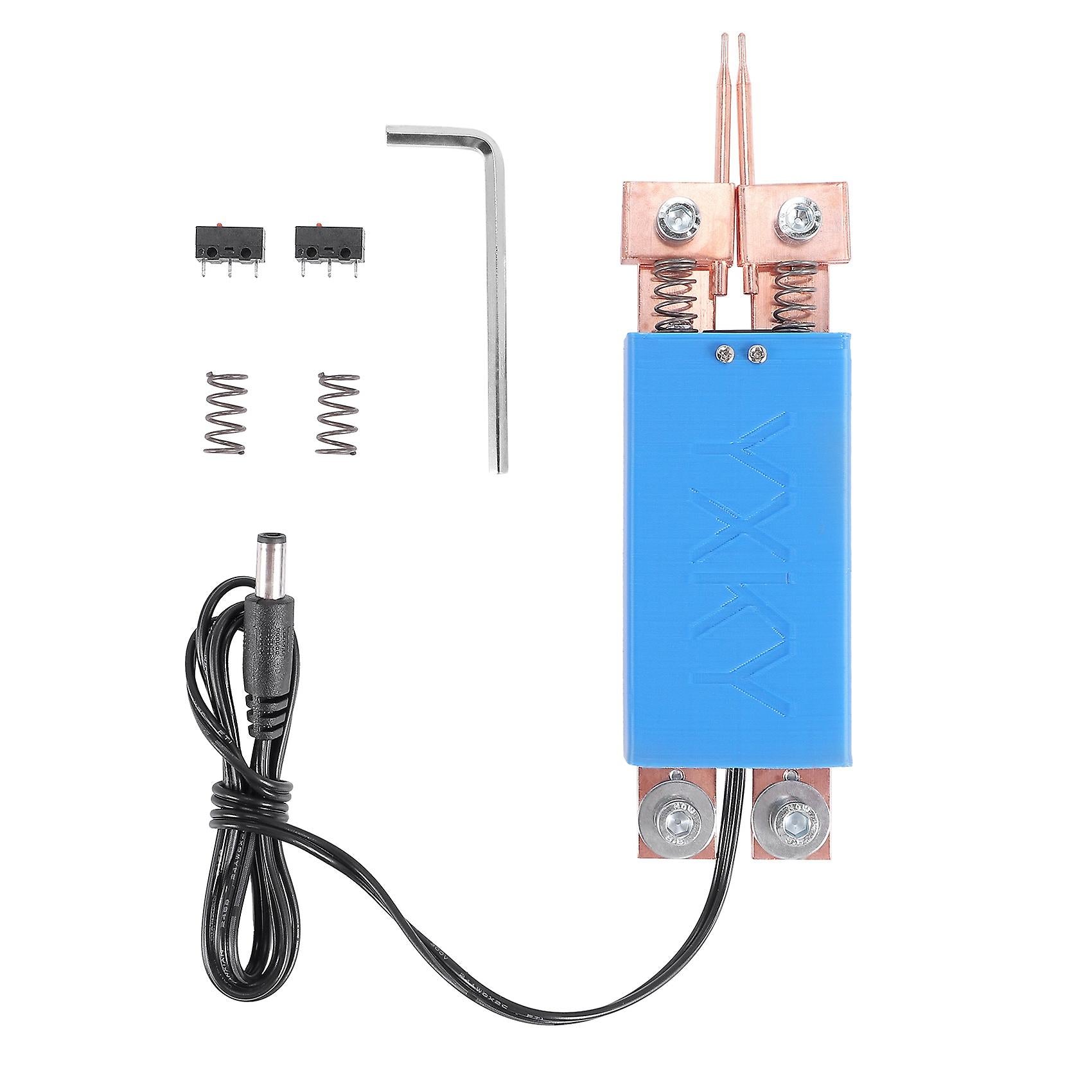 DIY Spot Welder Machine Welding 18650 Battery Handheld Spot Welding Pen Automatic Trigger Built-in Switch Blue - with copper tips, a power cable, two microswitches, two springs, and an L-shaped hex key.