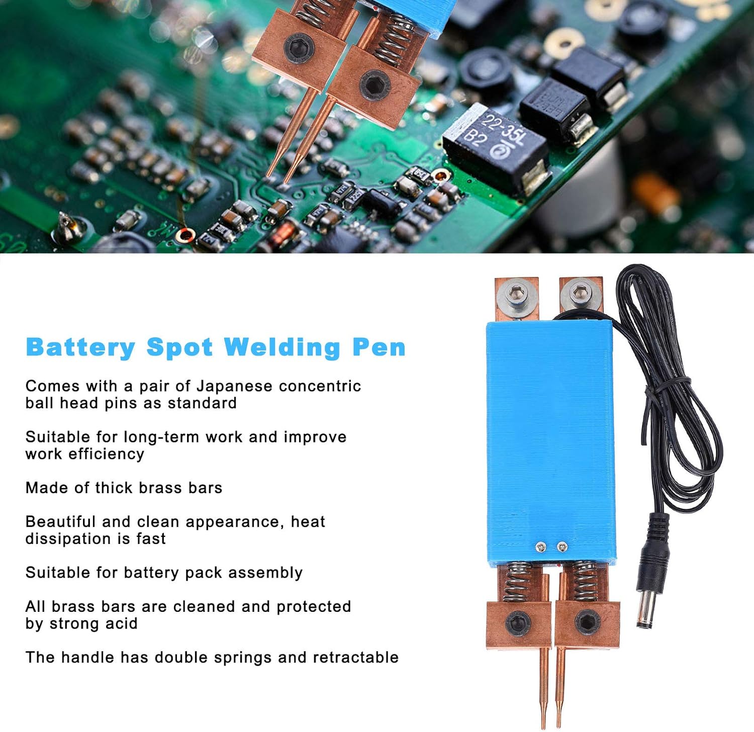 DIY Spot Welder Machine Welding 18650 Battery Handheld Spot Welding Pen Automatic Trigger Built-in Switch Blue - unit with dual brass welding tips, spring-loaded bars, and a black DC power connector cable.