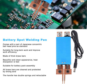 DIY Spot Welder Machine Welding 18650 Battery Handheld Spot Welding Pen Automatic Trigger Built-in Switch Blue - unit with dual brass welding tips, spring-loaded bars, and a black DC power connector cable.