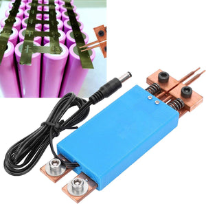 DIY Spot Welder Machine Welding 18650 Battery Handheld Spot Welding Pen Automatic Trigger Built-in Switch Blue - with copper contact tips, spring-loaded mechanism, and a DC power cable with a barrel connector.
