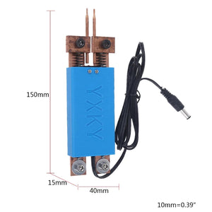 DIY Spot Welder Machine Welding 18650 Battery Handheld Spot Welding Pen Automatic Trigger Built-in Switch Blue - with two copper tips, springs, and a power cable with a DC barrel connector, shown with dimensions.