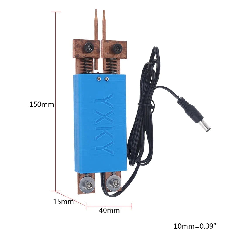 DIY Spot Welder Machine Welding 18650 Battery Handheld Spot Welding Pen Automatic Trigger Built-in Switch Blue - with two copper tips, springs, and a power cable with a DC barrel connector, shown with dimensions.