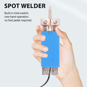 DIY Spot Welder Machine Welding 18650 Battery Handheld Spot Welding Pen Automatic Trigger Built-in Switch Blue - with two copper welding tips and springs, being held in a hand.