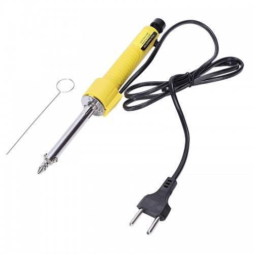 DKT365 40W 220V Electric Vacuum Solder Sucker Welding Desoldering Pump Soldering Iron Removal Solder Iron Pen Welding Repair Tool - a yellow electric desoldering pump with a black power cord and a thin metal cleaning pin accessory.