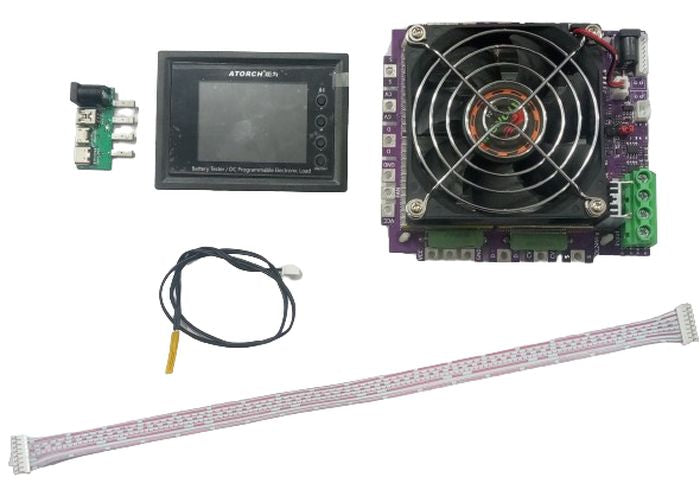 DL24MP-150 200V 150W DC Programmable Electronic Load Battery Tester - with a display screen, a fan-cooled circuit board, a temperature probe, and cables.