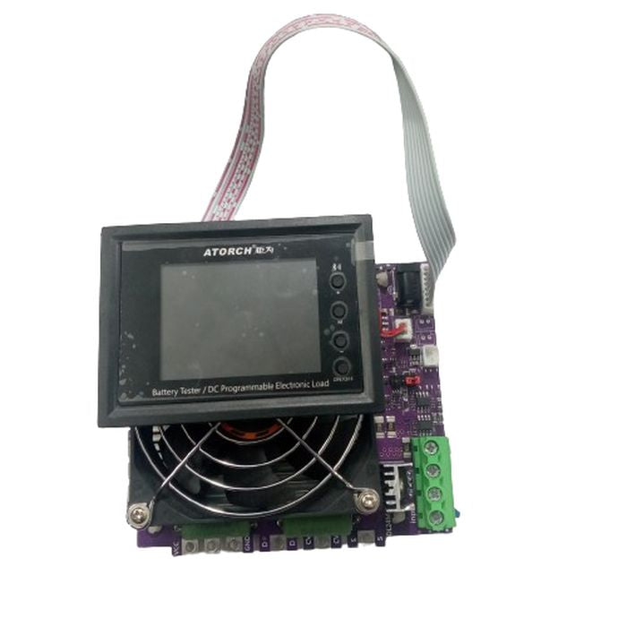 DL24MP-150 200V 150W DC Programmable Electronic Load Battery Tester - with a black display screen, cooling fan, purple circuit board, and ribbon cable.