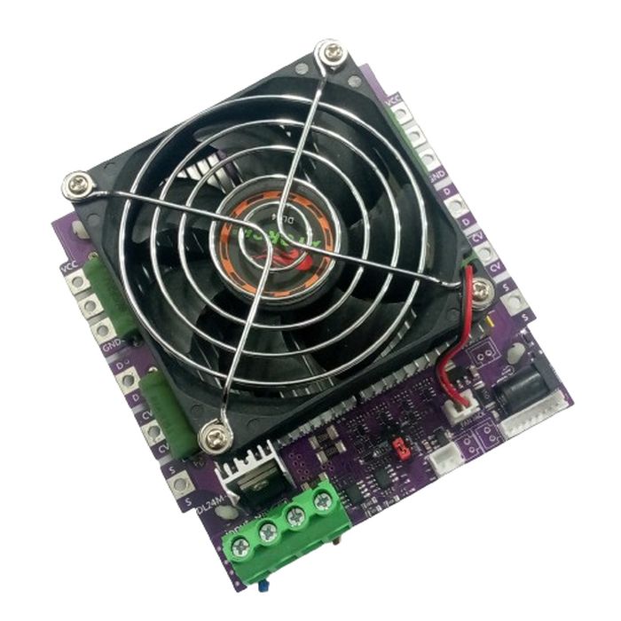 DL24MP-150 200V 150W DC Programmable Electronic Load Battery Tester - a purple circuit board with a large cooling fan, green screw terminals, and multiple input ports.