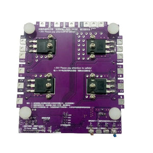 DL24MP-150 200V 150W DC Programmable Electronic Load Battery Tester - a purple circuit board featuring four power transistors, multiple pin headers, and safety warning text.