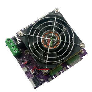 DL24MP-150 200V 150W DC Programmable Electronic Load Battery Tester - a purple circuit board with a cooling fan, green terminal blocks, and resistors.