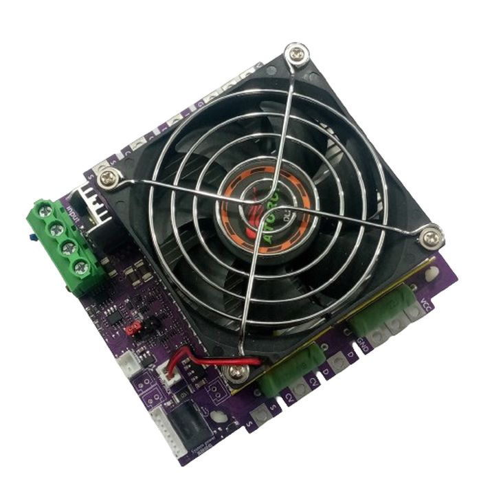 DL24MP-150 200V 150W DC Programmable Electronic Load Battery Tester - a purple circuit board with a cooling fan, green terminal blocks, and resistors.
