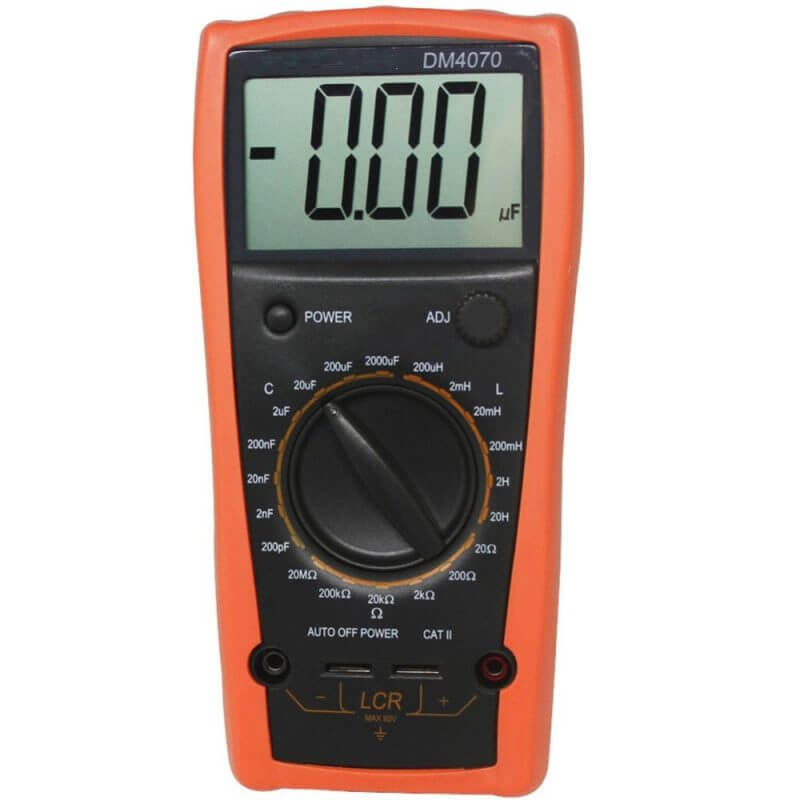 DM4070 Digital LCR Meter - orange body with large display and rotary range selector for L, C and R