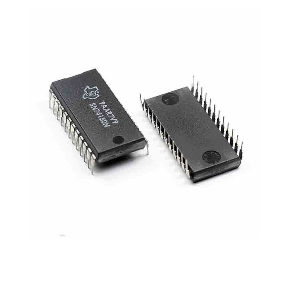 DM74150 Or 74150 Data Selector Multiplexer - two black rectangular integrated circuit chips with metal pins on a white background.