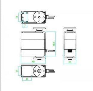 Doman Rc Metal Gear DM-RS151M 360degree Robot Servo 15kg Digital Servo - technical dimension diagram showing the device's measurements from multiple angles.