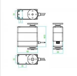 Doman Rc Metal Gear DM-RS151M 360degree Robot Servo 15kg Digital Servo - technical dimension diagram showing the device's measurements from multiple angles.