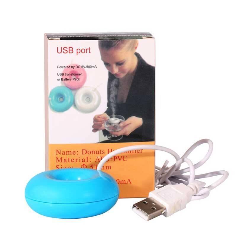 Donuts Shape Mini USB Humidifier Mist Maker Air Diffuser - shown with its blue donut-shaped device, a white USB power cable, and its product packaging box.