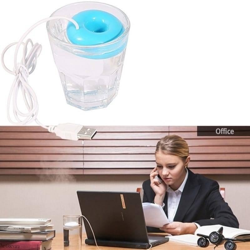 Donuts Shape Mini USB Humidifier Mist Maker Air Diffuser - shown as a blue donut-shaped device floating in a glass of water with a white USB cable.