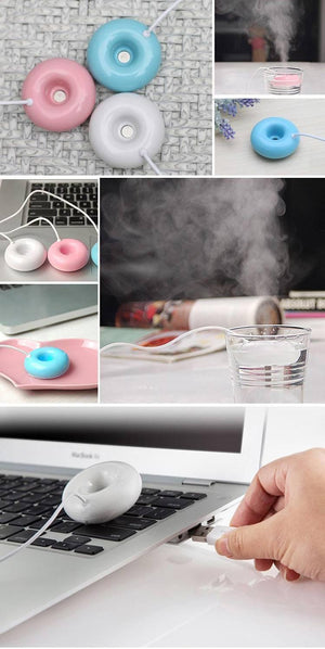 Donuts Shape Mini USB Humidifier Mist Maker Air Diffuser - shown in pink, blue, and white, floating in water to create mist and connecting to a laptop.
